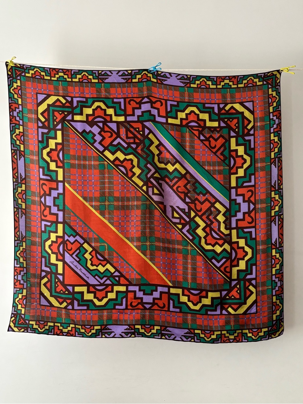 Vintage Christian Fischbacher Silk Scarf - Geometric Plaid Pattern - Flaws